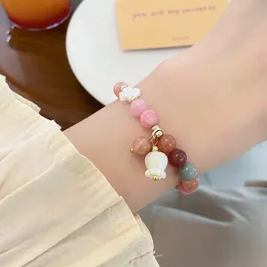 Colorful jade beaded bracelet with floral pendant sweet Chinese style jewelry accessory