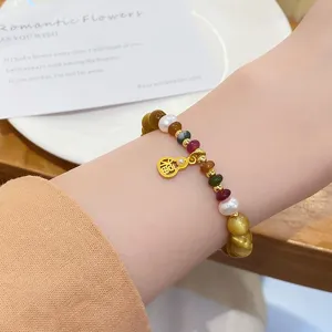 Chic Chinese style multi-gemstone bracelet with gold gourd pendant for women and girls