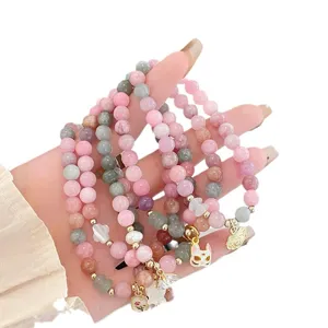 New Chinese style macaroon colored jade beaded bracelet with cute fox mask charm main view.