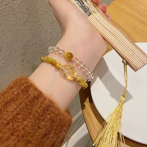 New Chinese style citrine and gold tiger eye crystal double layer beaded bracelet for women.