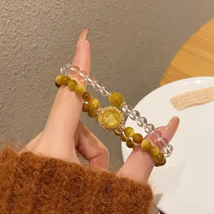 Double layer gemstone bracelet with yellow tiger eye and clear crystal beads for women chic jewelry