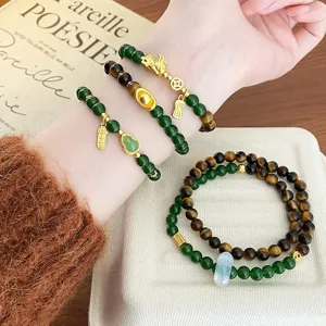 Bracelet de perles en œil de tigre jaune et jade vert bijoux de chance chinois