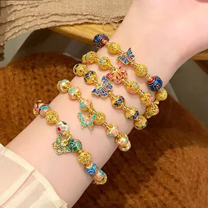 Bracelet de perles papillon cloisonne ethnique vintage,bijou elastique plaque or femme
