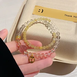 Neo-Chinese Style Natural Citrine Double Layer Beaded Bracelet For Women Amethyst Strawberry Quartz Gourd Butterfly Heart Pendant Charms Agate Copper Beads Handmade Crystal Strand Bracelet Fortune Jewelry Gift
