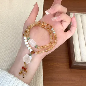 Exquis bracelet en cristal de citrine naturelle double rang, detail de style chinois.