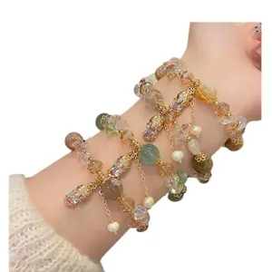 New Chinese style lucky Pixiu crystal bracelet for women elegant sunstone beaded jewelry.