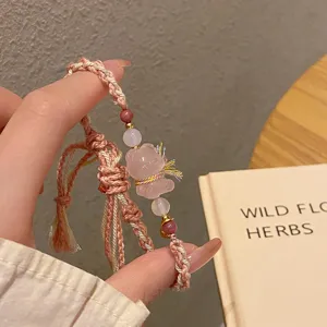 Pink crystal bear woven bracelet for women, sweet style handmade braided rope jewelry.