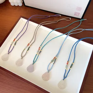 Chinese style natural white agate Buddha pendant adjustable braided long chain necklace