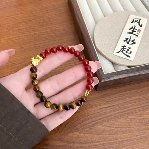 Roter Achat Tigerauge Stein Armband Pi Xiu Gold Anhänger Glücksperlen Schmuck Geschenk Damen