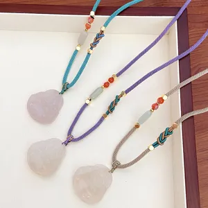 Chinese natural white agate Buddha pendant necklace adjustable braided sweater chain jewelry
