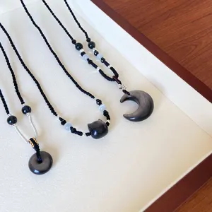 Style chinois pendentif en obsidienne naturelle collier tressé bijoux de couple fin.