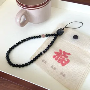 Nouveau style chinois pierre naturelle perle noire lanière de téléphone sac pendentif ethnique