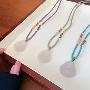 Chinese style natural white agate Buddha pendant long sweater chain with colorful woven ropes.
