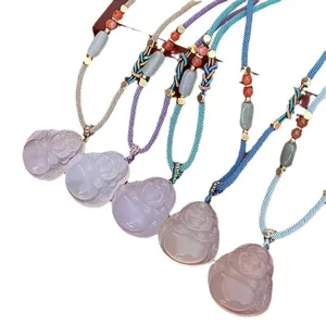 Chinese style natural agate laughing buddha pendant sweater chain braided long necklace for women