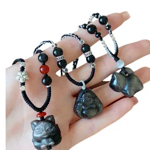 Collier pendentif en obsidienne naturelle, chaîne de clavicule tressée à la main unisexe.