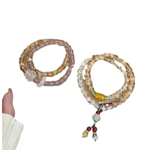 Bracelet double cercle en cristal naturel quartz fraise citrine style ethnique femme