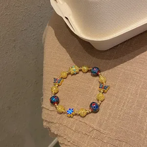 Bracelet de perles papillon cloisonne ethnique retro, bijou elastique en metal dore
