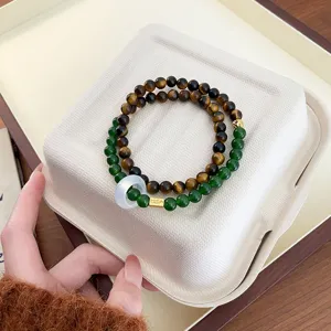 Bracelet double en perles de pierre verte et œil de tigre naturel avec anneau de jade