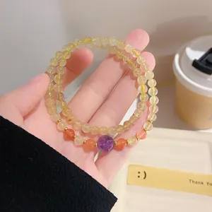 Natural citrine double loop beaded bracelet with amethyst and red quartz beads for women.