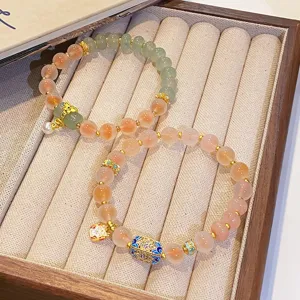 Bracelet de Perles d Agate de Style Néo Chinois Frais Doux Cuivre Plaqué Or Émail Chat de la Fortune Gland Bracelet à Charme pour Femmes Décor Quotidien