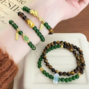 Bracelet en Oeil de Tigre Jaune Naturel Avec Jaspe Agate Porte-bonheur Pi Xiu Calebasse Lingot Rétro Chinois Design de Niche Bracelet Fait Main Bijoux Femme