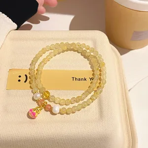 Natural citrine double layer beaded bracelet with cute gourd pendant and crystal beads fashion