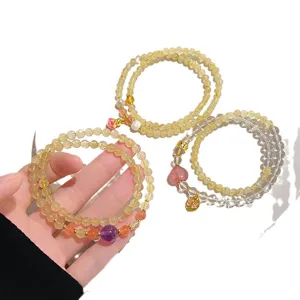 Natural citrine crystal double layer beaded bracelet with strawberry quartz and charm jewelry