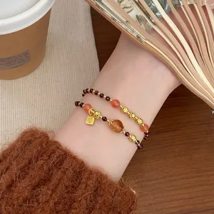 Double-circle natural stone crystal beaded bracelet with lucky charm for women fashion jewelry