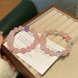 Natural rose quartz crystal beaded bracelet with cute fox charm sweet style jewelry gift