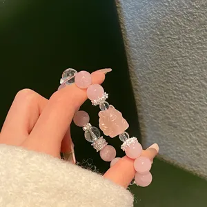 Natural rose quartz beaded bracelet sweet fairy style fox pendant charming hand jewelry gift