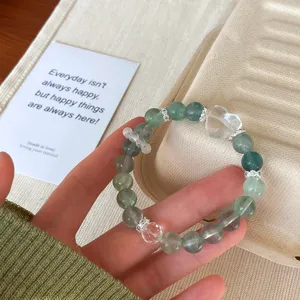 Mint green fluorite beaded bracelet with crystal heart charm, sweet and fresh style for women.