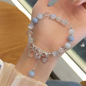 Elegant blue cat eye stone crystal beaded bracelet with cute star and moon charms for women