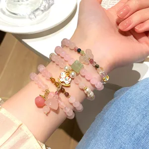 Sweet Pink Crystal Beaded Bracelet Artificial Pearl Pendant Charms Handmade Elastic Strand Bangle Hand Jewelry Gift For Women Girls