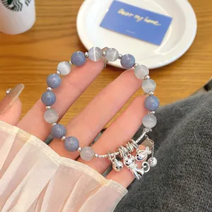 Retro blue cat eye stone glass beads bracelet with cute cat fish charms for women girls