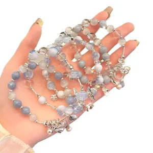 New Chinese retro blue crystal glass bead bracelet with cute cat charms for students and girls.