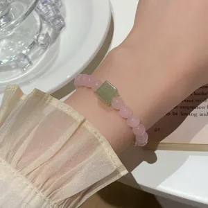 Pink crystal bead bracelet with green square stone, sweet style aesthetic jewelry for women.