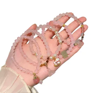 Natural pink crystal bead bracelet set sweet peach lotus pendant multi-layer jewelry for women