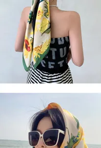 French floral silk square scarf, sunflower print headscarf, summer vintage hair band for women.