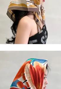 French floral silk square scarf women hair band head wrap summer sun protection scarf