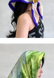 French floral silk square scarf for women, elegant summer sun protection headscarf and hairband.