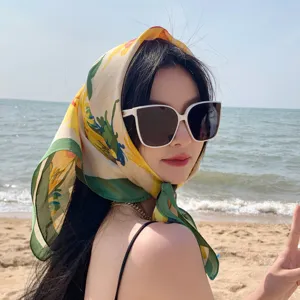 French floral silk square scarf, stylish women's headscarf for summer sun protection and chic daily wear.