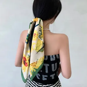 French floral small square silk scarf hair band summer sun protection hair accessory