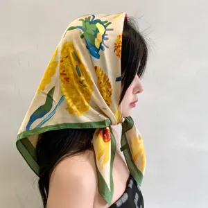 French floral silk square scarf, stylish headscarf and chic sun protection hairband.