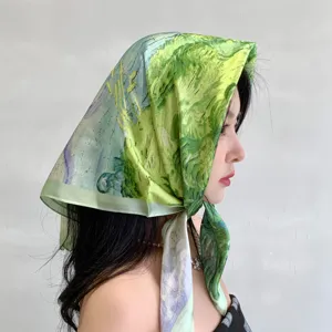 Women Art Oil Painting Floral Paisley Print Square Scarf Polyester Satin Fashion Neckerchief Hair Band Head Scarf
