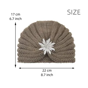 Women winter warm knit turban hat with crystal flower brooch solid color stylish headwear