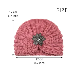 Pink knitted turban hat for women, autumn winter warm woolen cap with rhinestone flower.
