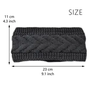 Dark grey knitted cable knit winter headband detail showing 11cm by 23cm dimensions.