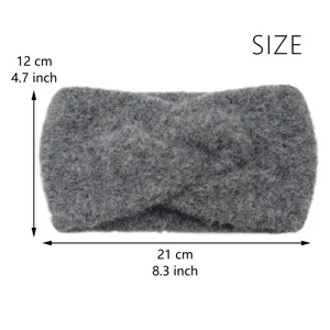 Faux wool wide knit headband for women, grey winter warm cozy crossover hairband 21x12cm.