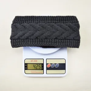 Dark grey knitted headband detail showing weight on scale, cozy winter ear warmer accessory.