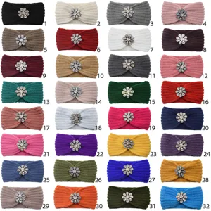 Colorful crystal flower knitted headband winter warm hair accessories detail view showing variant options.